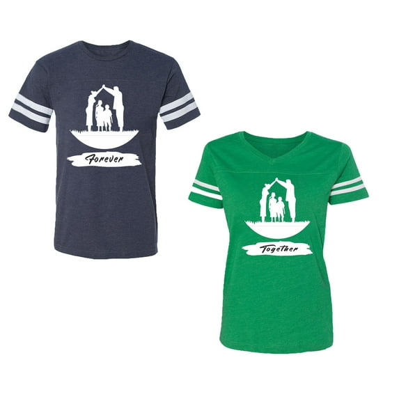 Forever Together Unisex Couple Matching Cotton Jersey style T-Shirt Contrasting stripes on sleeves (Men Navy / Women Green) (Men M / Women S)