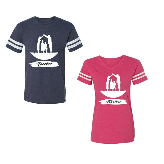 Forever Together Unisex Couple Matching Cotton Jersey style T-Shirt Contrasting stripes on sleeves (Men Navy / Women Pink) (Men M / Women L)