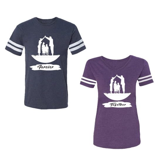Forever Together Unisex Couple Matching Cotton Jersey style T-Shirt Contrasting stripes on sleeves (Men Navy / Women Purple) (Men XXL / Women XL)