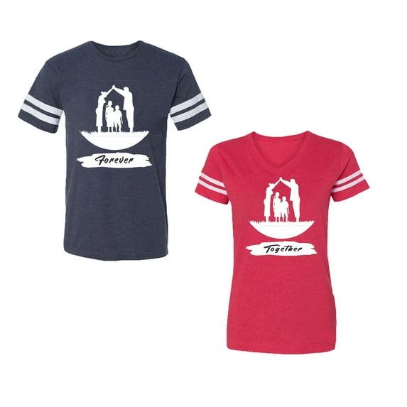Forever Together Unisex Couple Matching Cotton Jersey style T-Shirt Contrasting stripes on sleeves (Men Navy / Women Red) (Men L / Women S)