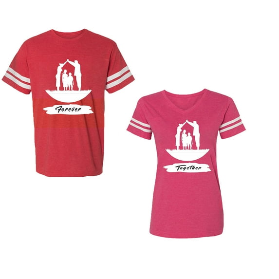 Forever Together Unisex Couple Matching Cotton Jersey style T-Shirt Contrasting stripes on sleeves (Men Red / Women Pink) (Men XXL / Women S)