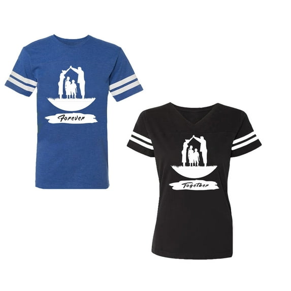 Forever Together Unisex Couple Matching Cotton Jersey style T-Shirt Contrasting stripes on sleeves (Men Royal / Women Black) (Men M / Women L)