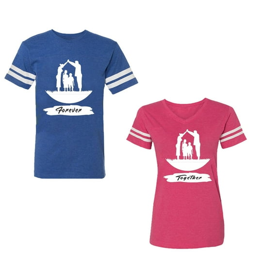 Forever Together Unisex Couple Matching Cotton Jersey style T-Shirt Contrasting stripes on sleeves (Men Royal / Women Pink) (Men S / Women L)