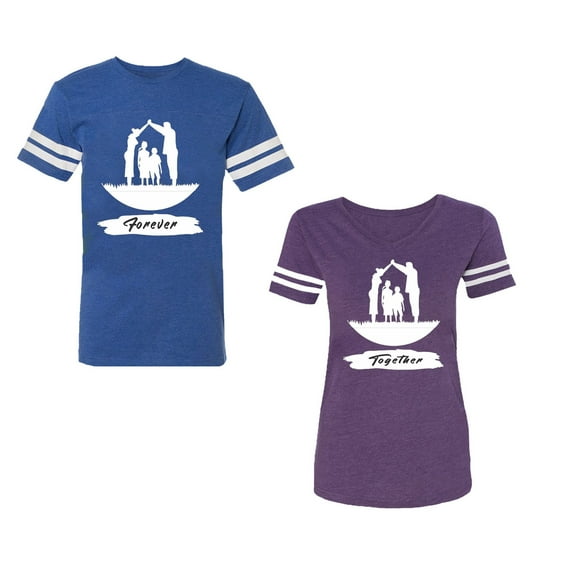 Forever Together Unisex Couple Matching Cotton Jersey style T-Shirt Contrasting stripes on sleeves (Men Royal / Women Purple) (Men XXXL / Women XXL)