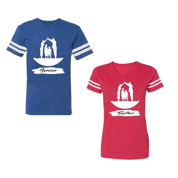 Forever Together Unisex Couple Matching Cotton Jersey style T-Shirt Contrasting stripes on sleeves (Men Royal / Women Red) (Men M / Women L)