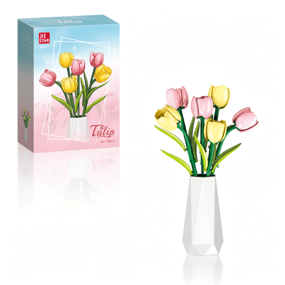Tulip Bouquet Building Blocks ,Adjustable Petal & Stem Flower Building Kit, Collectible Floral Ornament for Tabletop & Gift Giving