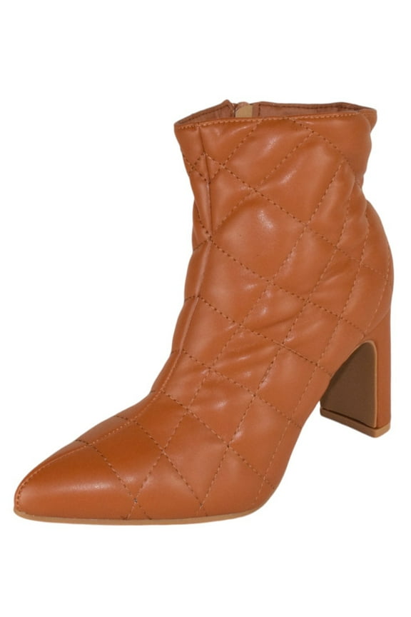 Women Ankle Boots Block High Heels Side Zipper Booties Pointed Toe Quilted Knitted Stitching LOREENA-21 Light Brown Tan 8