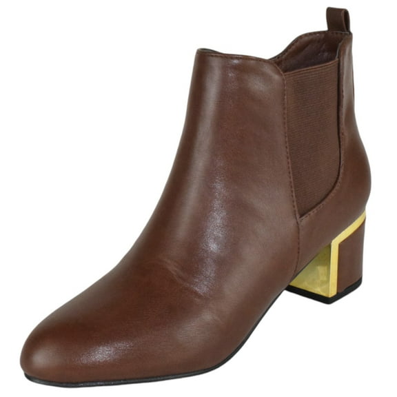 Forever Women Ankle Boots Medium Block Heels Side Zipper elastic Booties Almond Toe Metal Gold Accent ESTHER-06 Dark Brown 6
