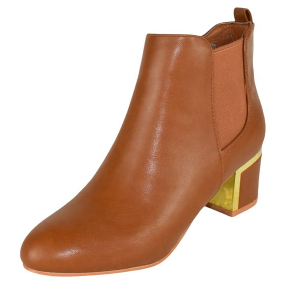 Forever Women Ankle Boots Medium Block Heels Side Zipper elastic Booties Almond Toe Metal Gold Accent ESTHER-06 Light Brown Tan 6