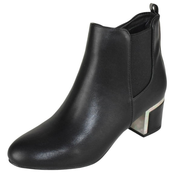 Forever Women Ankle Boots Medium Block Heels Side Zipper elastic Booties Almond Toe Metal Silver Accent ESTHER-06 Black 8.5