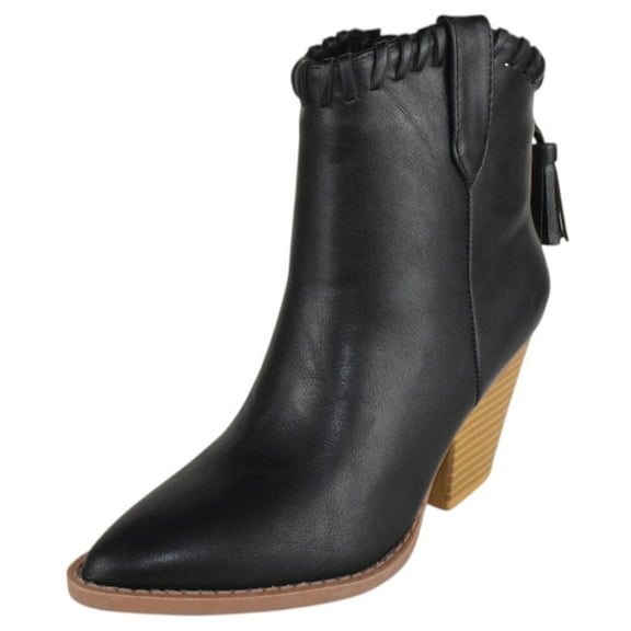 Forever Women Ankle Western Boots Stacked Block Heels Cowboy Booties Pointed Toe Side Zipper Tassel Accent RIVER-23 Black 6