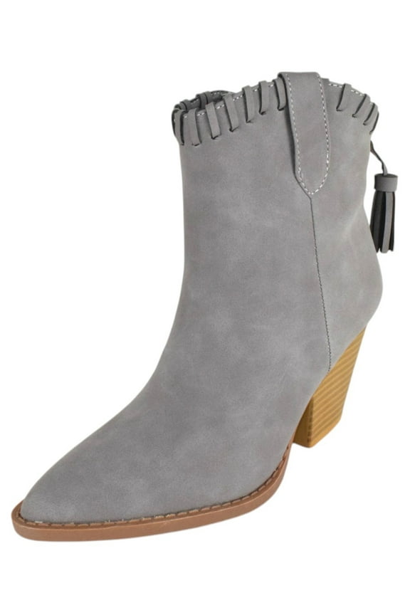 Women Ankle Western Boots Stacked Block Heels Cowboy Booties Pointed Toe Side Zipper Tassel Accent RIVER-23 Gray 10