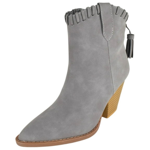 Forever Women Ankle Western Boots Stacked Block Heels Cowboy Booties Pointed Toe Side Zipper Tassel Accent RIVER-23 Gray 7