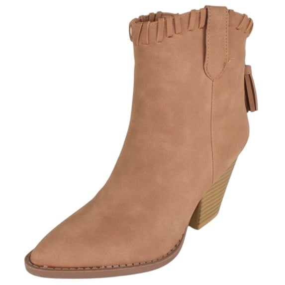 Forever Women Ankle Western Boots Stacked Block Heels Cowboy Booties Pointed Toe Side Zipper Tassel Accent RIVER-23 Light Brown Tan 10