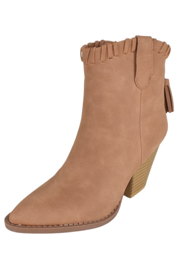 Women Ankle Western Boots Stacked Block Heels Cowboy Booties Pointed Toe Side Zipper Tassel Accent RIVER-23 Light Brown Tan 6