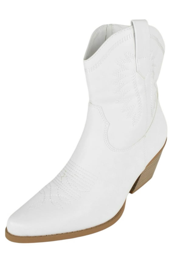 Women Ankle Western Boots Stacked Block Heels Stitched Cowgirl Cowboy Booties Pointed Toe Side Zipper CEREEK-02 White 8
