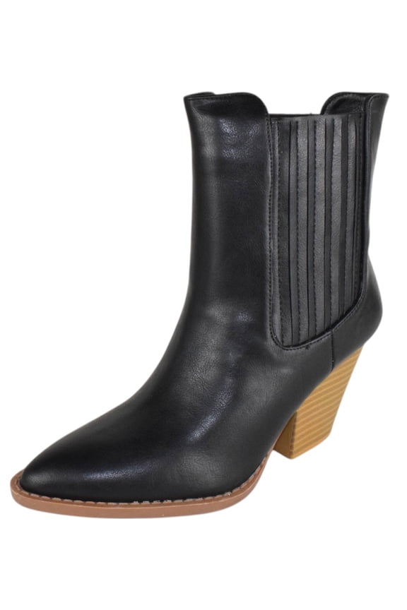 Women Ankle Western Boots Stacked Block Heels elastic Opening Cowboy Booties Pointed Toe RIVER-24 Black 7
