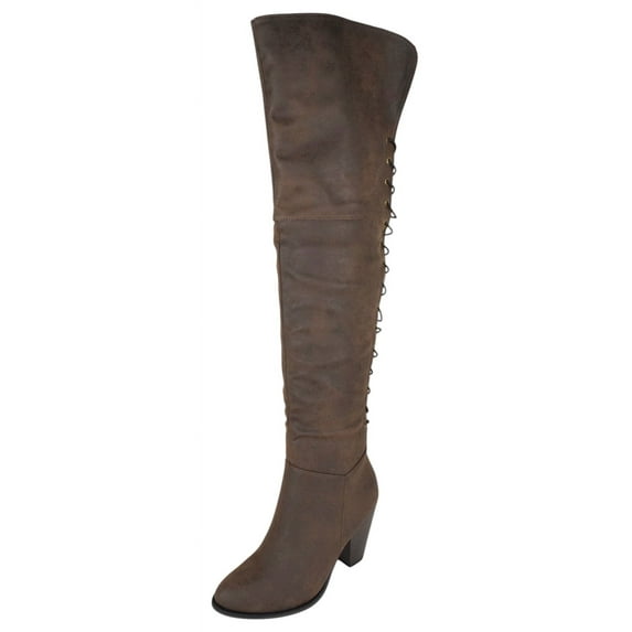 Forever Women Block Stacked High Heel Over the knee Thigh High Boots Side Zipper Back Lace CAMILA-58 Dark Brown PU 7