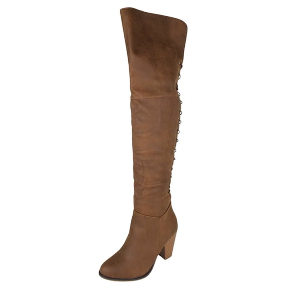Forever Women Block Stacked High Heel Over the knee Thigh High Boots Side Zipper Back Lace CAMILA-58 Light Brown Tan 7.5