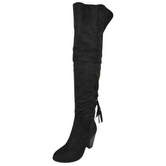 Forever Women Block Stacked High Heel Over the knee Thigh High Boots Side Zipper Back Lace Tassel Accent CAMILA-57 Black Suede 7.5
