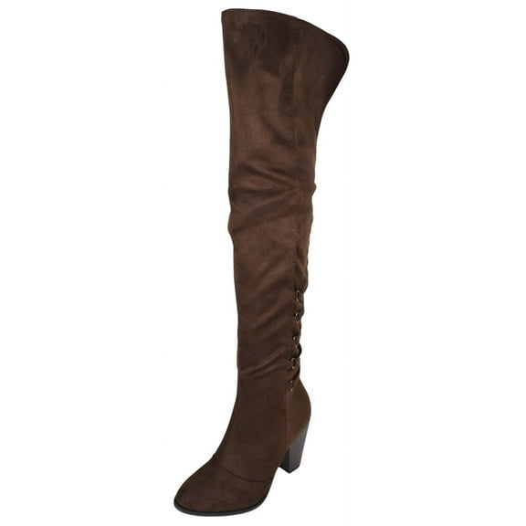 Forever Women Block Stacked High Heel Over the knee Thigh High Boots Side Zipper Back Lace Tassel Accent CAMILA-57 Dark Brown Suede 6