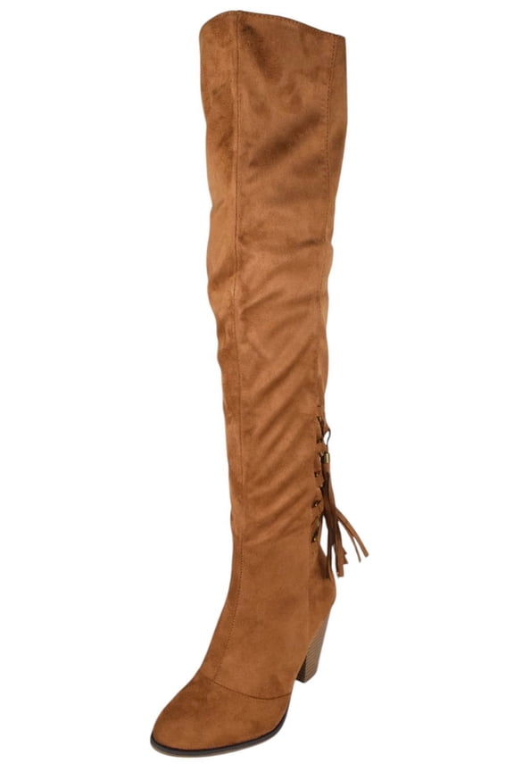Women Block Stacked High Heel Over the knee Thigh High Boots Side Zipper Back Lace Tassel Accent CAMILA-57 Light Brown Tan Suede 8