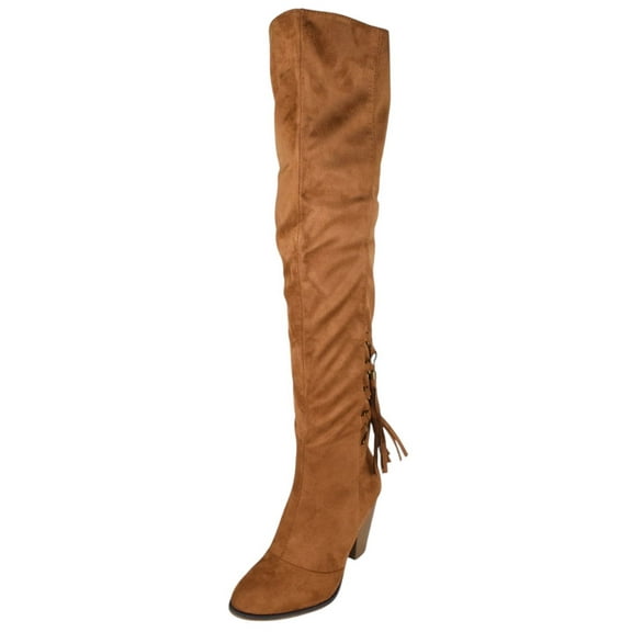 Forever Women Block Stacked High Heel Over the knee Thigh High Boots Side Zipper Back Lace Tassel Accent CAMILA-57 Light Brown Tan Suede 9