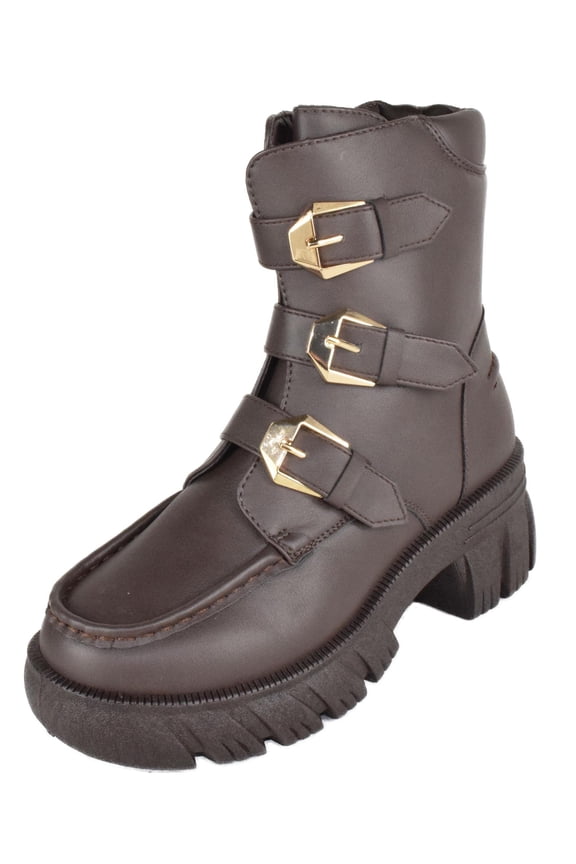 Women Buckled Motorcycle Riding Style Boots Side Zipper Lug Sole Booties Dark Brown 8
