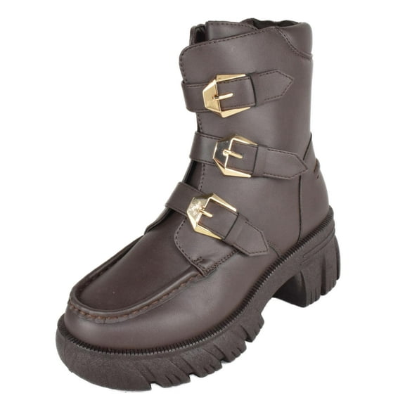 Forever Women Buckled Motorcycle Riding Style Boots Side Zipper Lug Sole Booties Dark Brown 9
