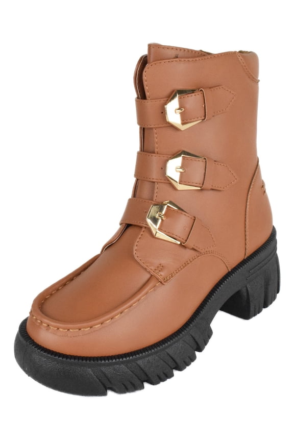 Women Buckled Motorcycle Riding Style Boots Side Zipper Lug Sole Booties Light Brown Tan 7