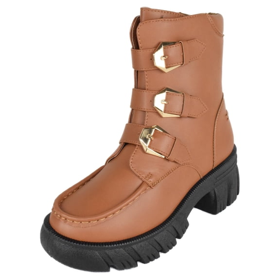 Forever Women Buckled Motorcycle Riding Style Boots Side Zipper Lug Sole Booties Light Brown Tan 9