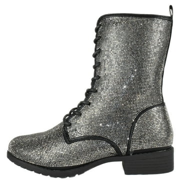 Forever Women Combat Army Style Boots Lace Up Side Zipper Rhinestone Bling Booties Black Pewter 6