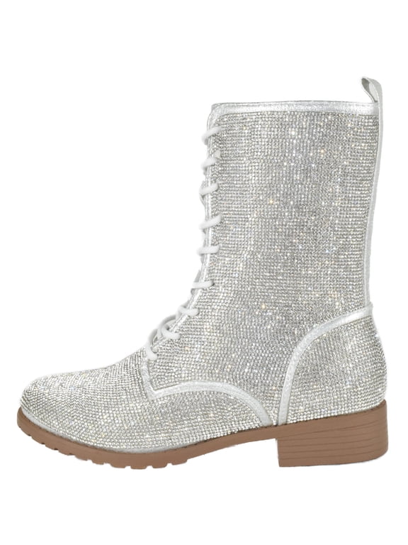 Forever Women Combat Army Style Boots Lace Up Side Zipper Rhinestone Bling Booties Silver 6.5