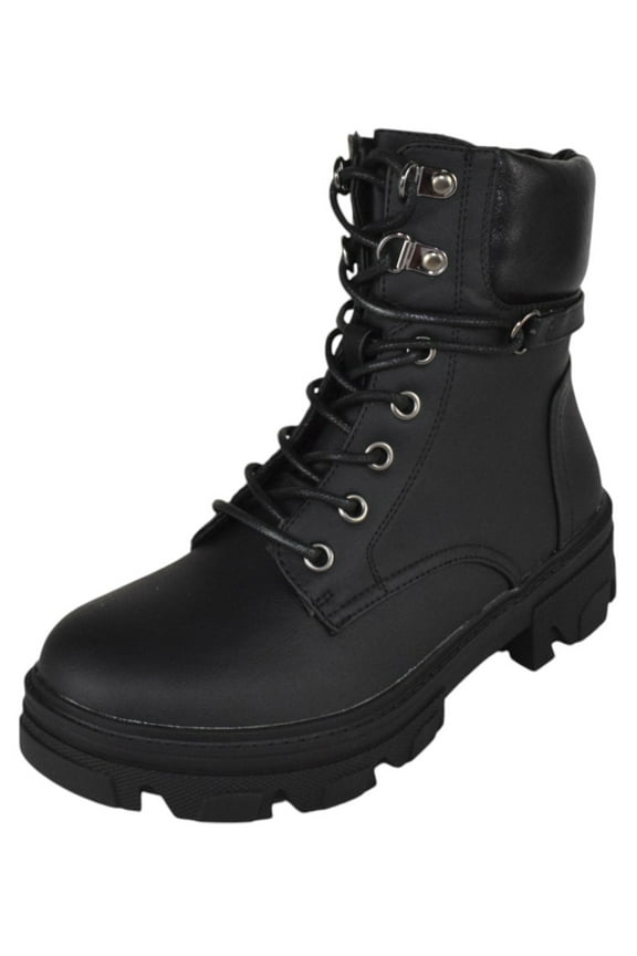 Women Combat Army Style Boots Side Zipper Lace Up Lug Sole Cherry-16 Black 7