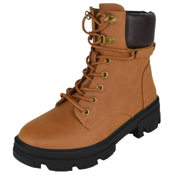 Forever Women Combat Army Style Boots Side Zipper Lace Up Lug Sole Cherry-16 Tan Brown 10