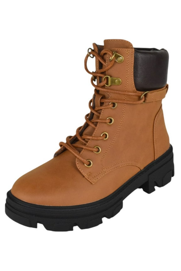 Women Combat Army Style Boots Side Zipper Lace Up Lug Sole Cherry-16 Tan Brown 6.5