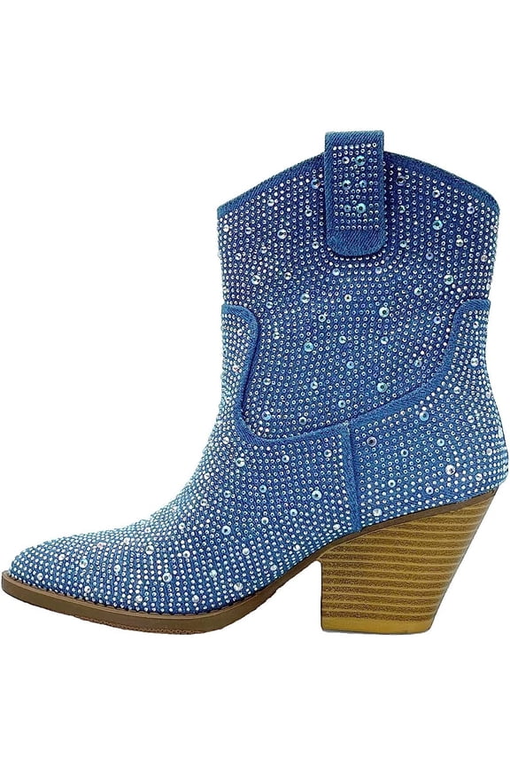 Women Cowgirl Cowboy Western Ankle Boots Pointy Toe Rhinestone Bling Short Booties RIVER-01 Blue Denim 6.5