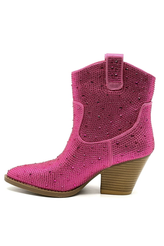 Women Cowgirl Cowboy Western Ankle Boots Pointy Toe Rhinestone Bling Short Booties RIVER-01 Hot Pink Fuchsia 6