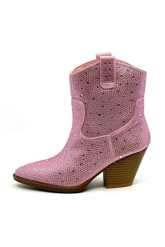 Women Cowgirl Cowboy Western Ankle Boots Pointy Toe Rhinestone Bling Short Booties RIVER-01 Pink 10