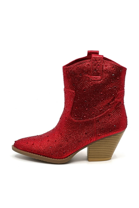 Women Cowgirl Cowboy Western Ankle Boots Pointy Toe Rhinestone Bling Short Booties RIVER-01 Red 6.5