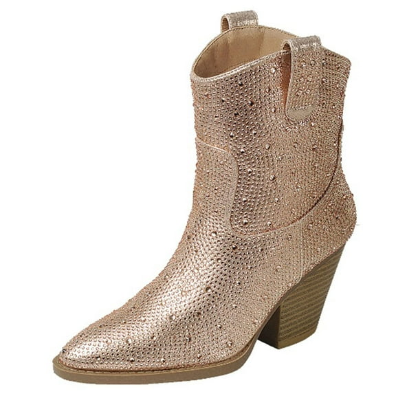 Forever Women Cowgirl Cowboy Western Ankle Boots Pointy Toe Rhinestone Bling Short Booties RIVER-01 Rose Gold 5.5