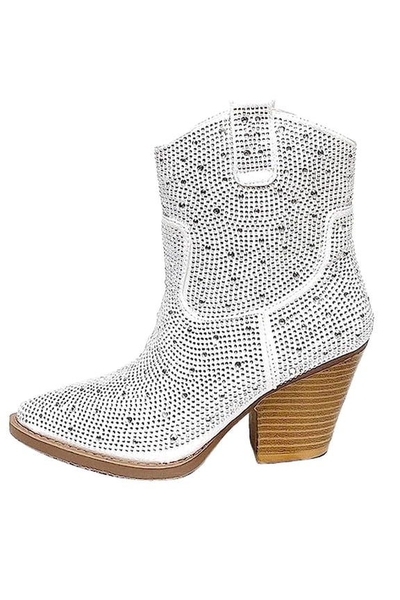 Women Cowgirl Cowboy Western Ankle Boots Pointy Toe Rhinestone Bling Short Booties RIVER-01 White 10