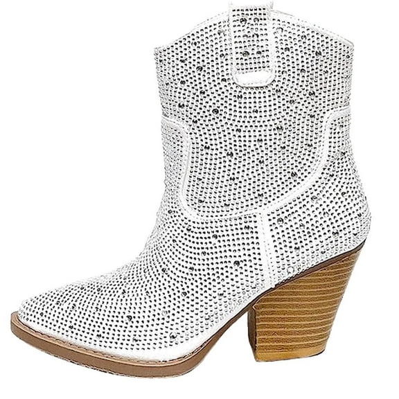 Forever Women Cowgirl Cowboy Western Ankle Boots Pointy Toe Rhinestone Bling Short Booties RIVER-01 White 7