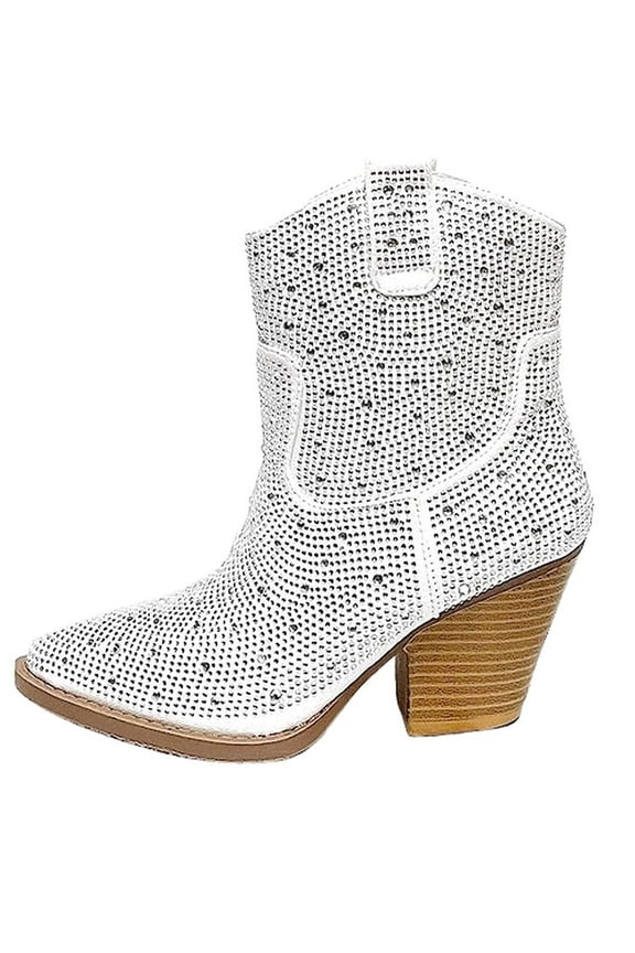 Women Cowgirl Cowboy Western Ankle Boots Pointy Toe Rhinestone Bling Short Booties RIVER-01 White 8.5