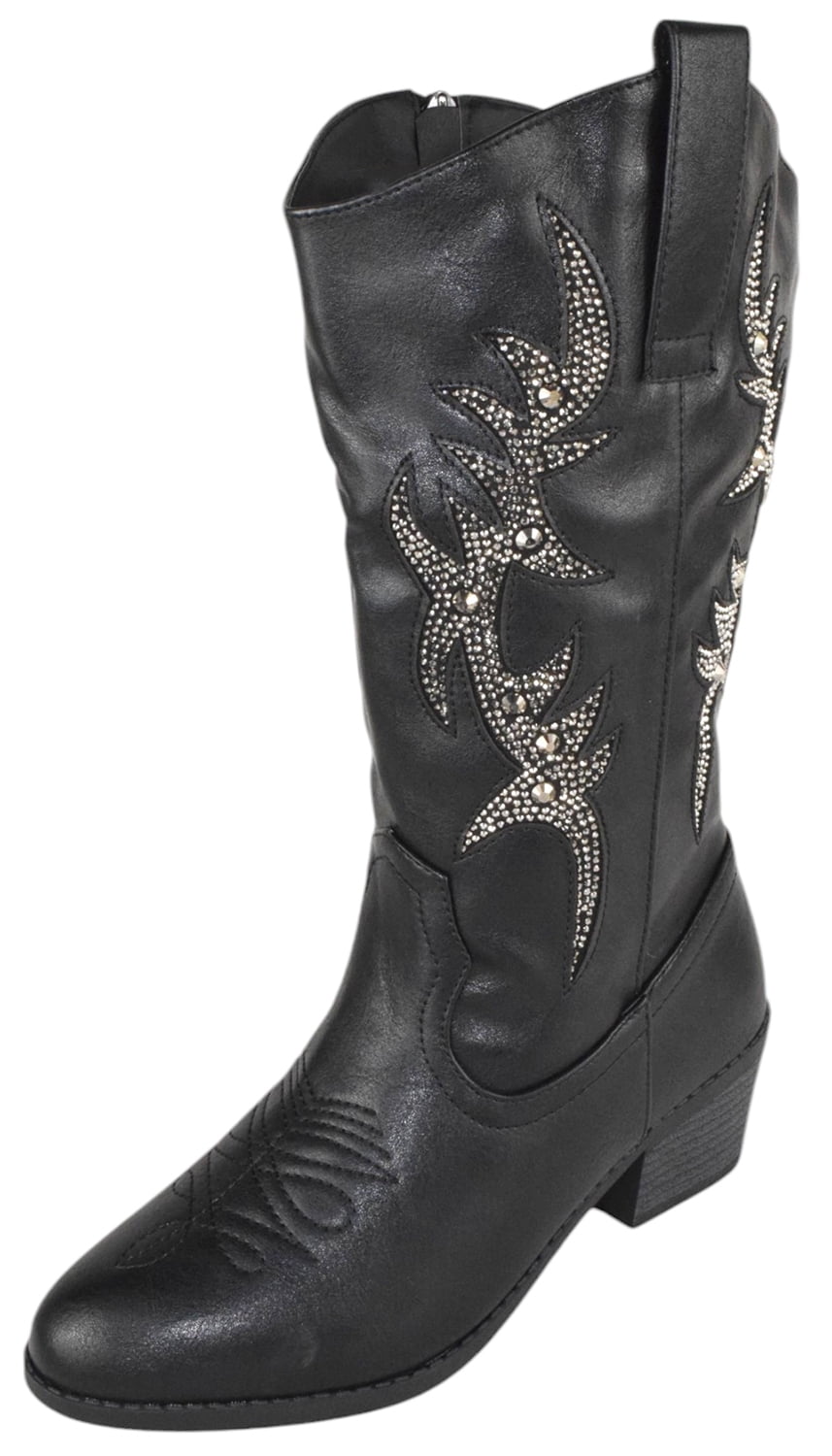 RKQ Women's Sparkly Cowboy Boots - Embroidered Western Boots With Glitter, Pointed Toe, Chunky Heel, Mid Calf Height