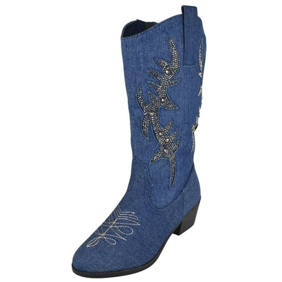 Forever Women Cowgirl Cowboy Western Stitched Mid Calf Boots Pointy Toe Side Zipper Bling Rhinestone Glitter Western-19 Blue Denim 10