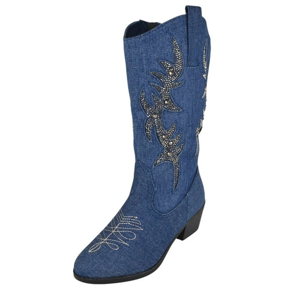 Forever Women Cowgirl Cowboy Western Stitched Mid Calf Boots Pointy Toe Side Zipper Bling Rhinestone Glitter Western-19 Blue Denim 5