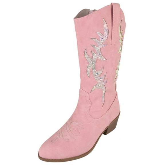 Forever Women Cowgirl Cowboy Western Stitched Mid Calf Boots Pointy Toe Side Zipper Bling Rhinestone Glitter Western-19 Pink 8.5