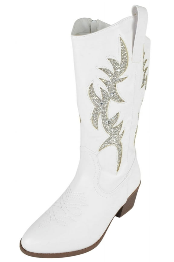 Women Cowgirl Cowboy Western Stitched Mid Calf Boots Pointy Toe Side Zipper Bling Rhinestone Glitter Western-19 White 10