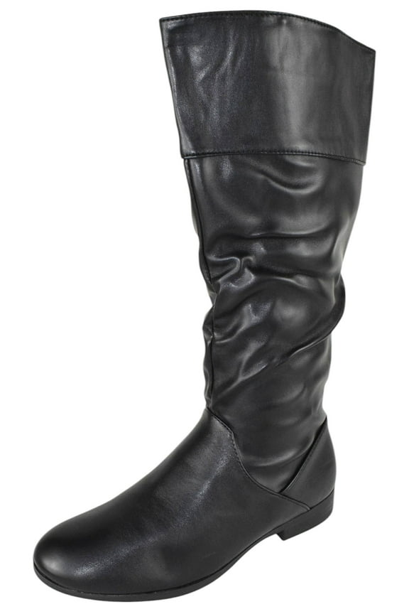 Women Flat Heel Slouchy Mid-Calf Basic Light Weight Boots Side Zipper Hidden Elastic Opening GENTLE-61 Black PU 6.5